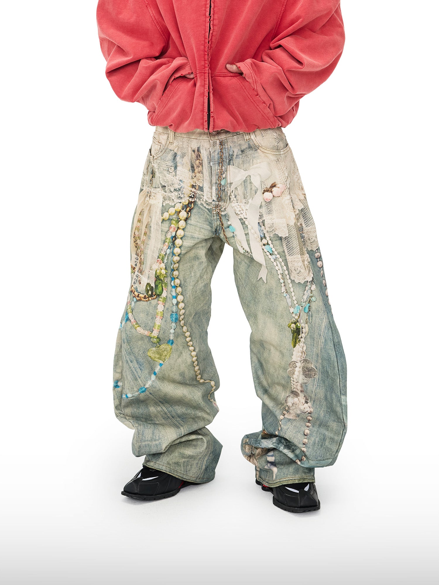 Pantaloni a gamba larga con stampa di perle